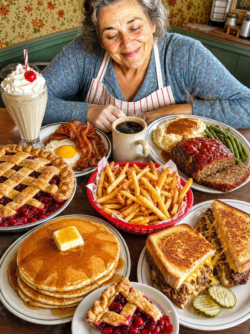 Nancy behind the diner counter, holding out a blue-plate supper of meatloaf, mashed potatoes and gravy, and green beans