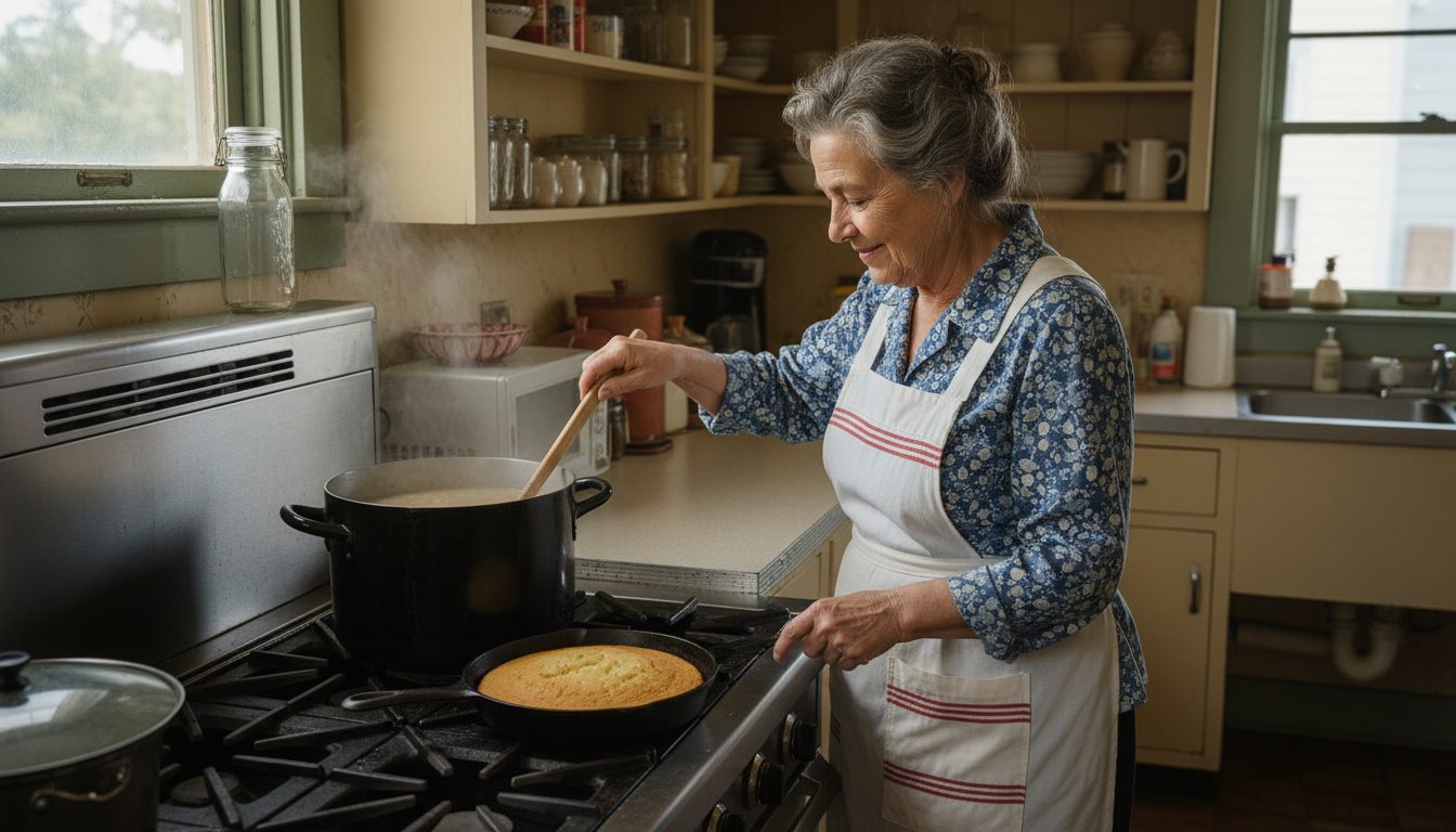 Nancy stirring a stockpot of navy bean soup, a skillet of cornbread on the stove beside it